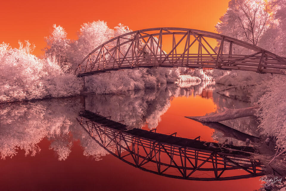 falso color infrared image of the pedestrian bridge in Bothell, Washington