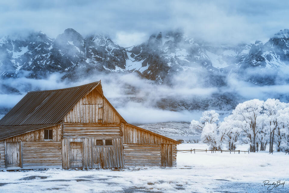 Mormon Row barns and the Teton Mountains photographed with Hoya R72 infrared filter.