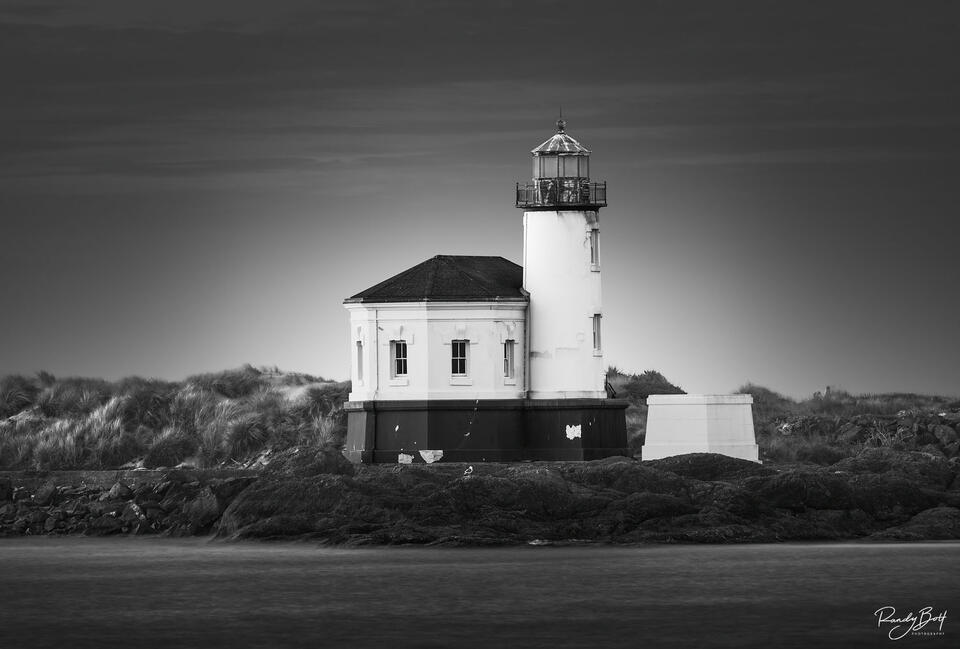 Black and white fine art image of the Coquille Lighthouse in Bandon, Oregon. 