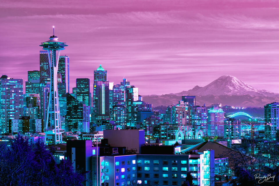 Seattle skyline from Kerry park in the 470 nanometer hyper color infrared spectrum with mount rainier in the background.