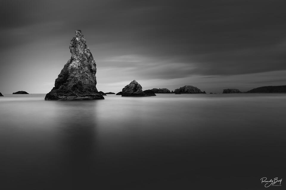 The Howling Dog Sea stack at Bandon, Oregon in black and white using a long exposure.