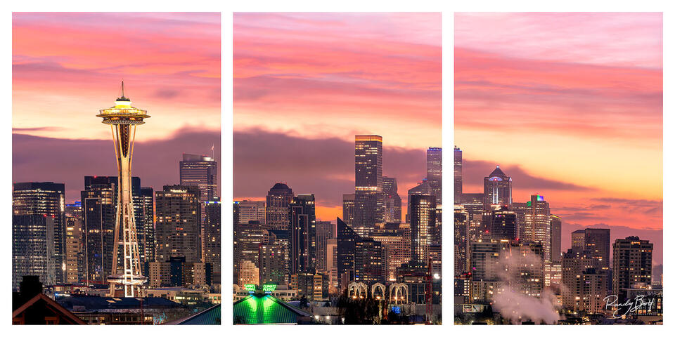 triptych image of the space needle and downtown seattle from kinnear street.