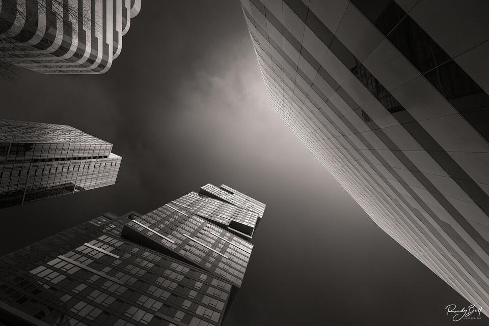 black and white architecture of the twisted building in Seattle