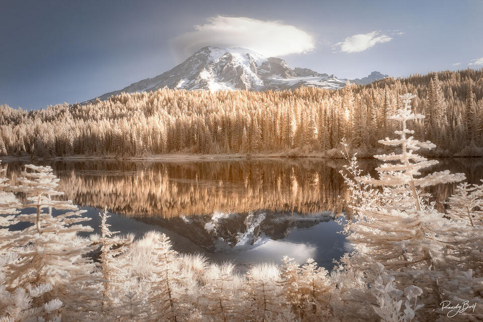mount rainier in 720 nm infrared photography.