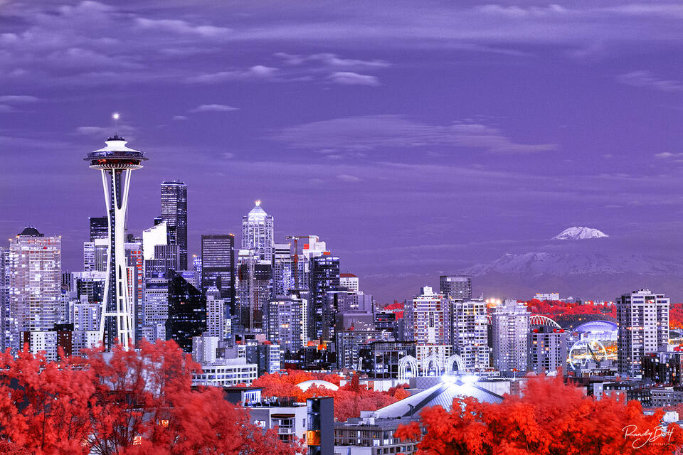 infrared Seattle with mount rainier in the background from Kerry Park
