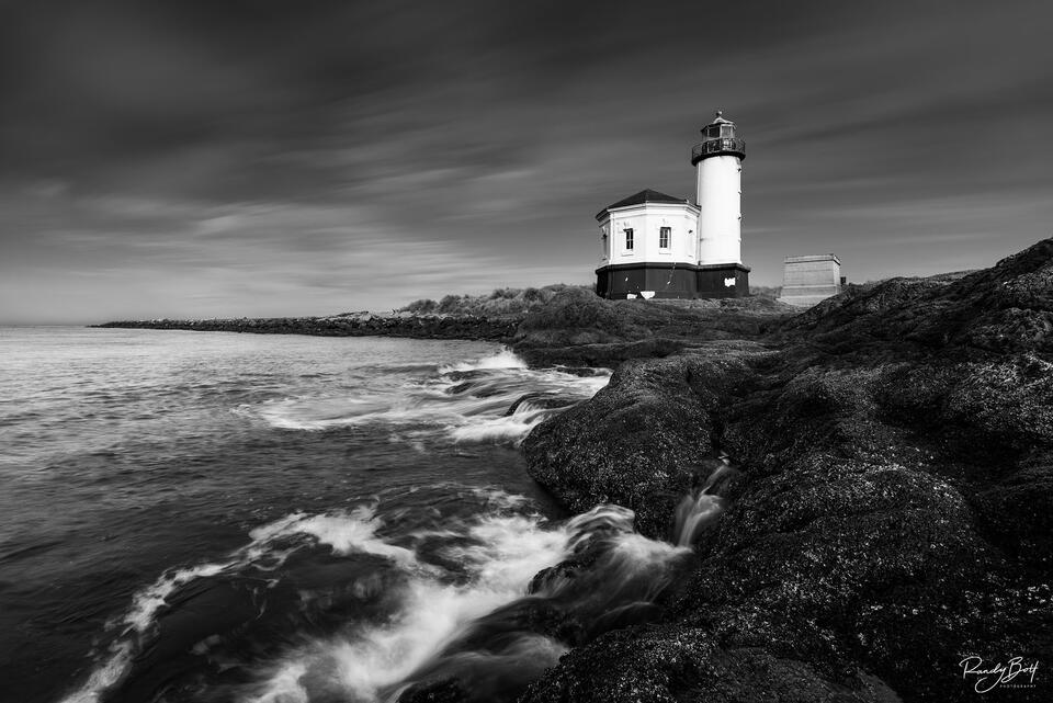 Long exposure black and white fine art image of the Coquille River Lighthouse