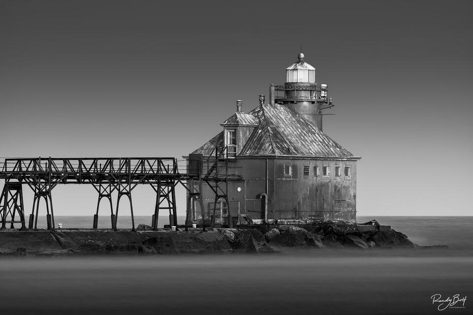 black and white image of the Ship Canal Pierhead lighthouse in Door County Wisconsin.
